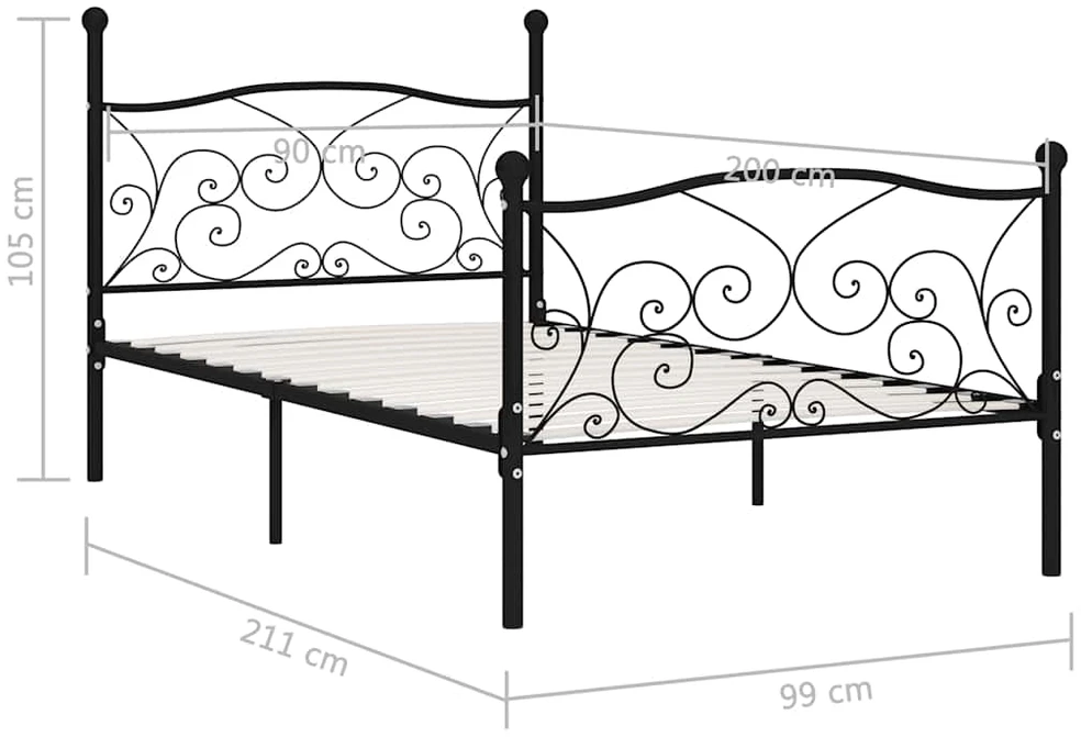 Lovos rėmas su grotelių pagrindu, juodas, 90x200cm, metalas
