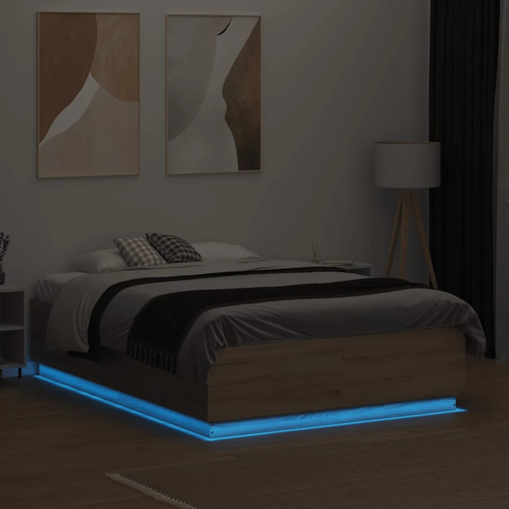 Lova Lovos rėmas su LED, ąžuolo, 135x190cm, apdirbta mediena