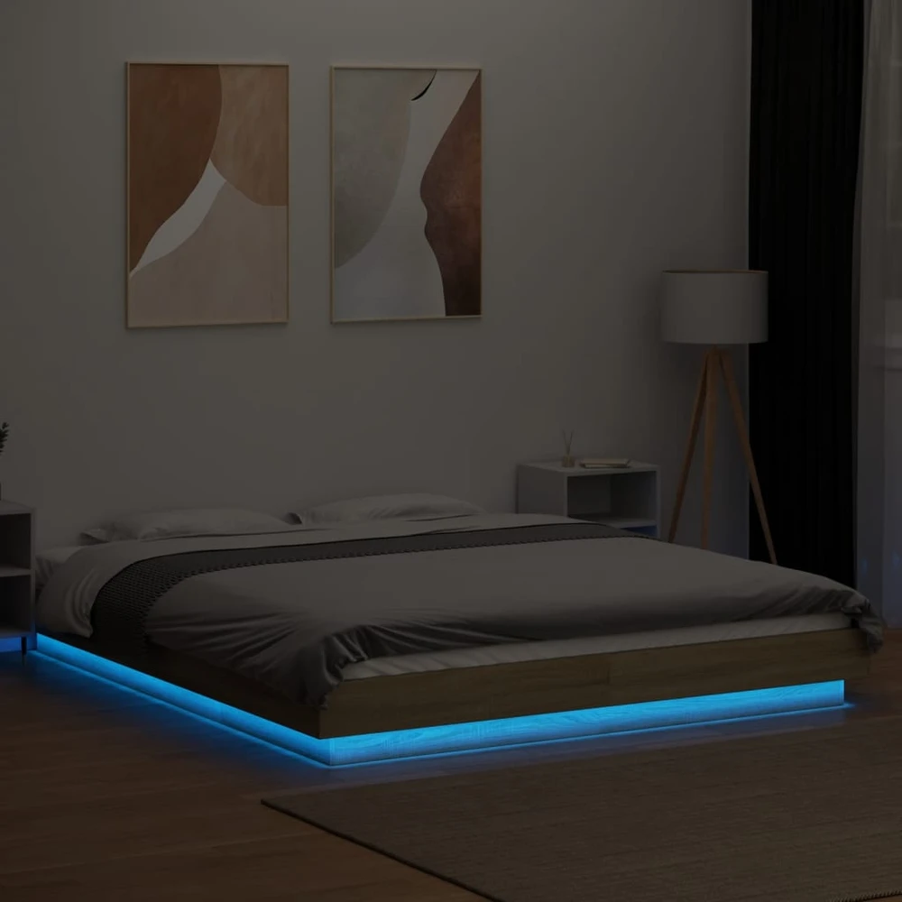 Lovos rėmas su LED, ąžuolo, 160x200cm, apdirbta mediena