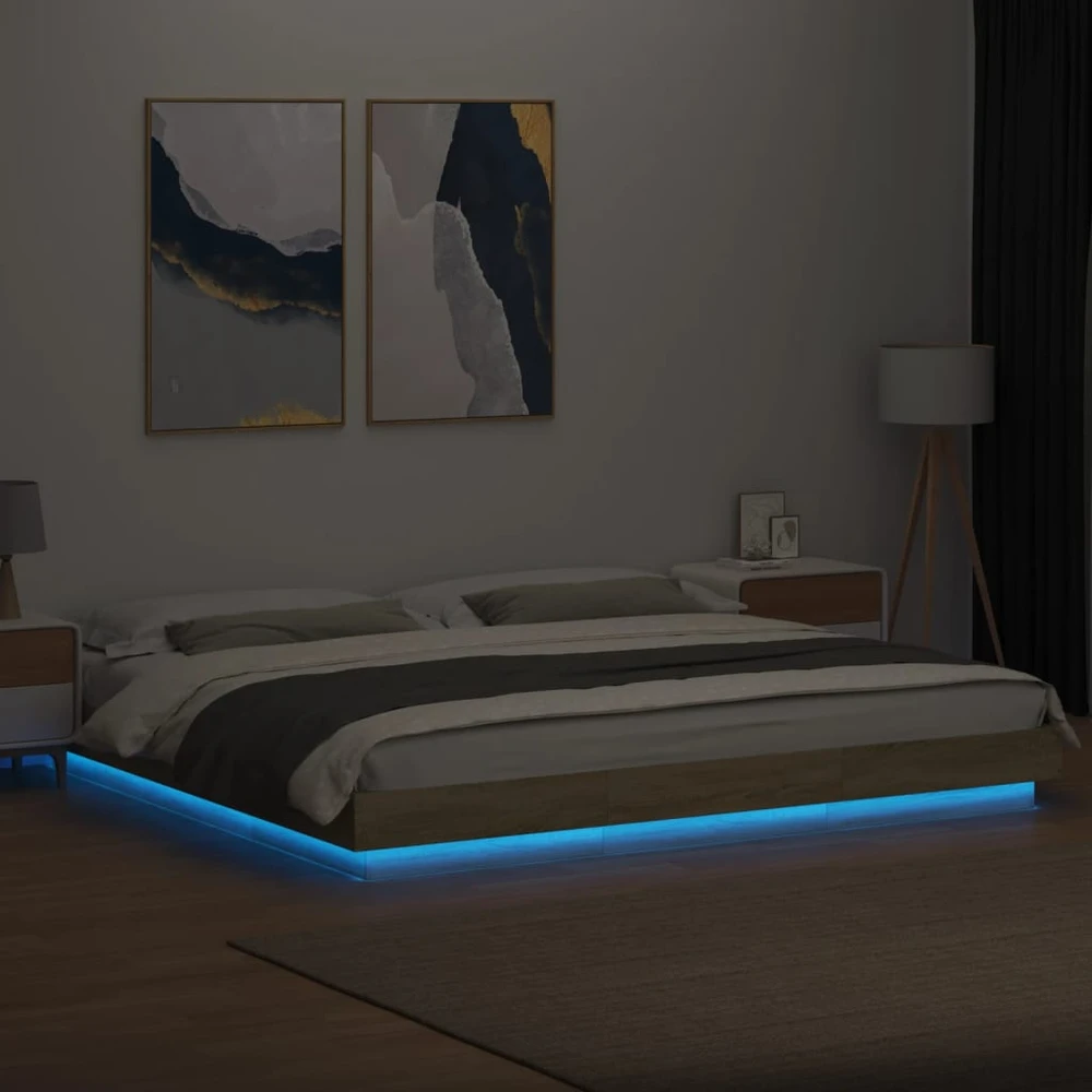 Lovos rėmas su LED, ąžuolo, 200x200cm, apdirbta mediena