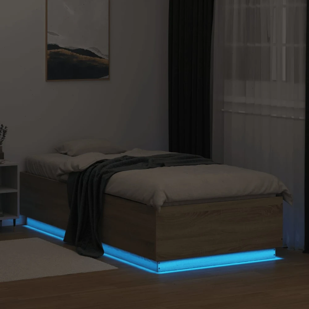 Lovos rėmas su LED, ąžuolo, 90x200cm, apdirbta mediena