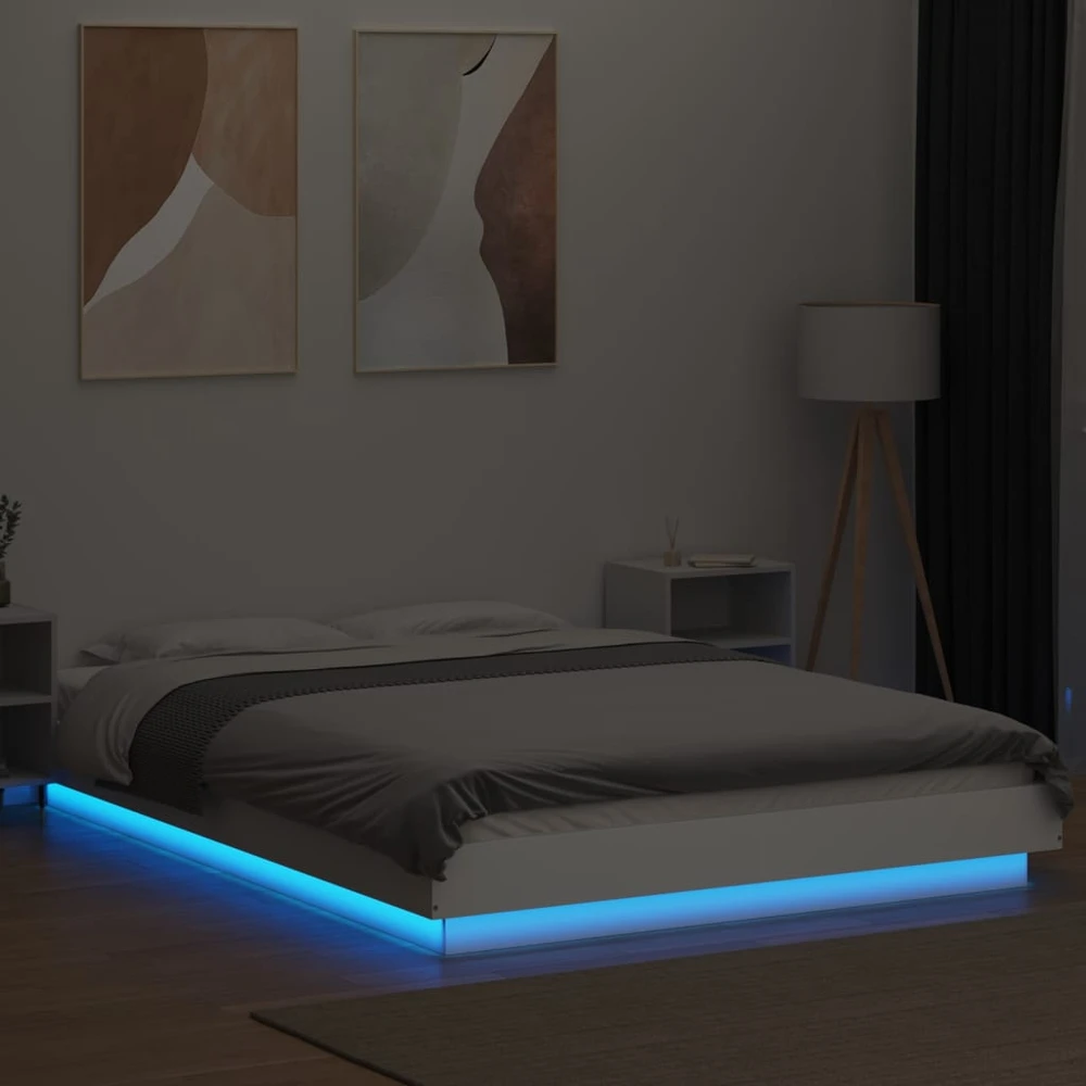 Lova Lovos rėmas su LED, baltas, 135x190cm, apdirbta mediena