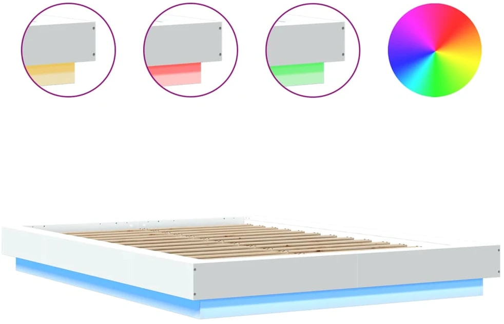 Lova Lovos rėmas su LED, baltas, 135x190cm, apdirbta mediena
