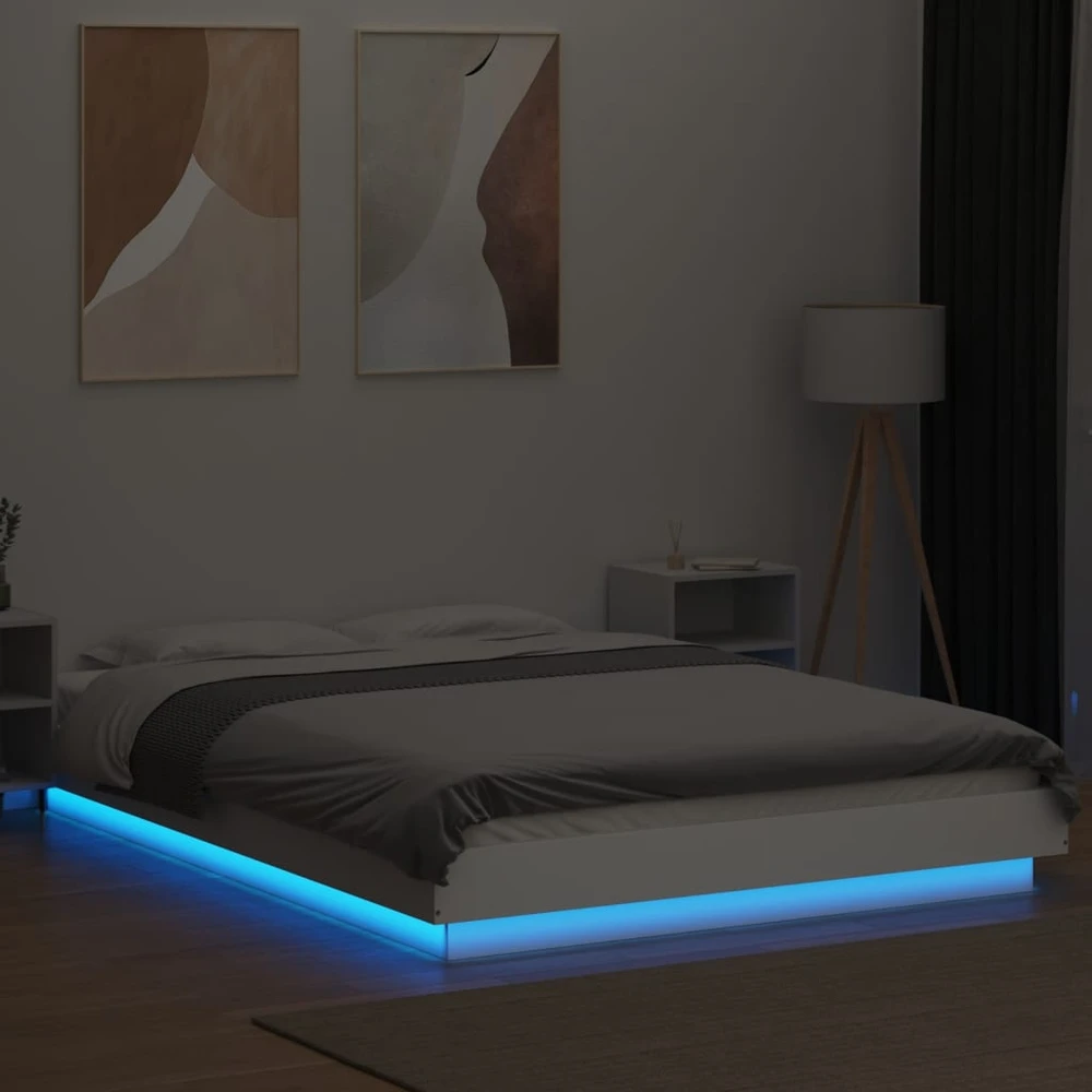 Lovos rėmas su LED, baltas, 140x200cm, apdirbta mediena