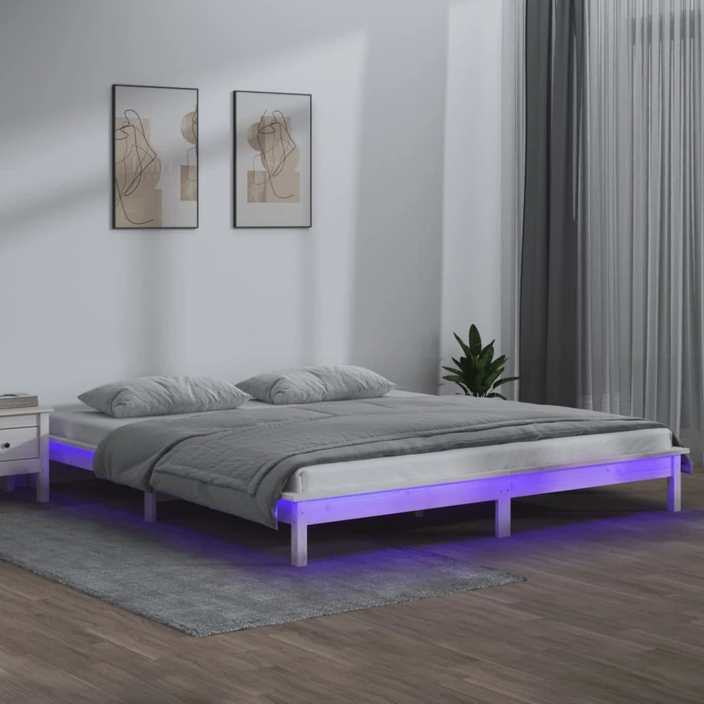 Lovos rėmas su LED, baltos spalvos, 140x200cm, medienos masyvas