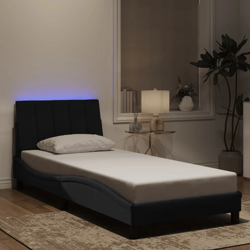 Lovos rėmas su LED, juodos spalvos, 90x200cm, aksomas