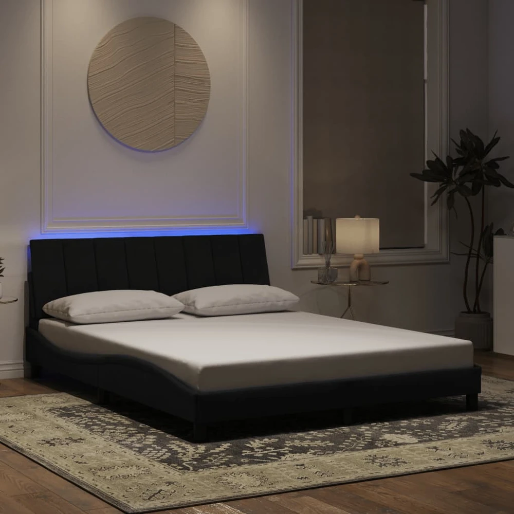 Lovos rėmas su LED, juodos spalvos, 160x200cm, aksomas