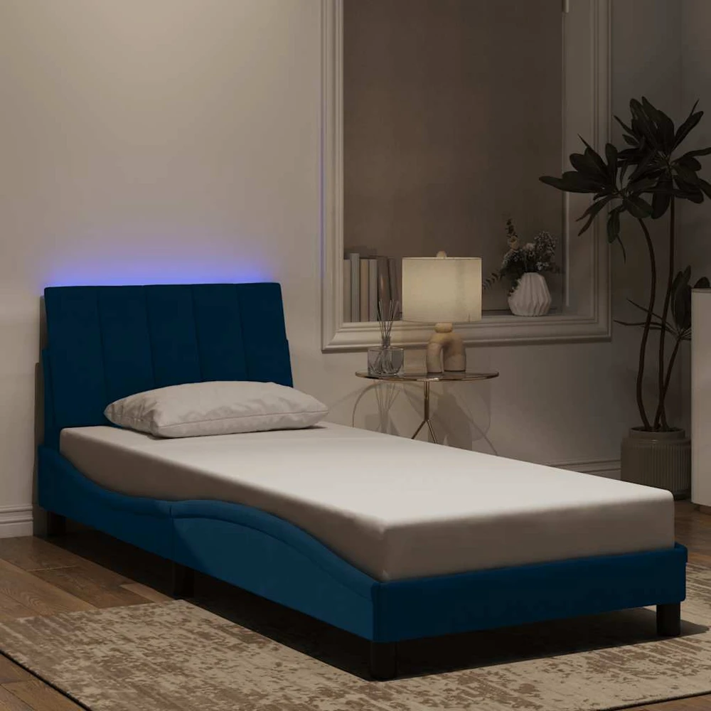 Lovos rėmas su LED, mėlynos spalvos, 90x190cm, aksomas