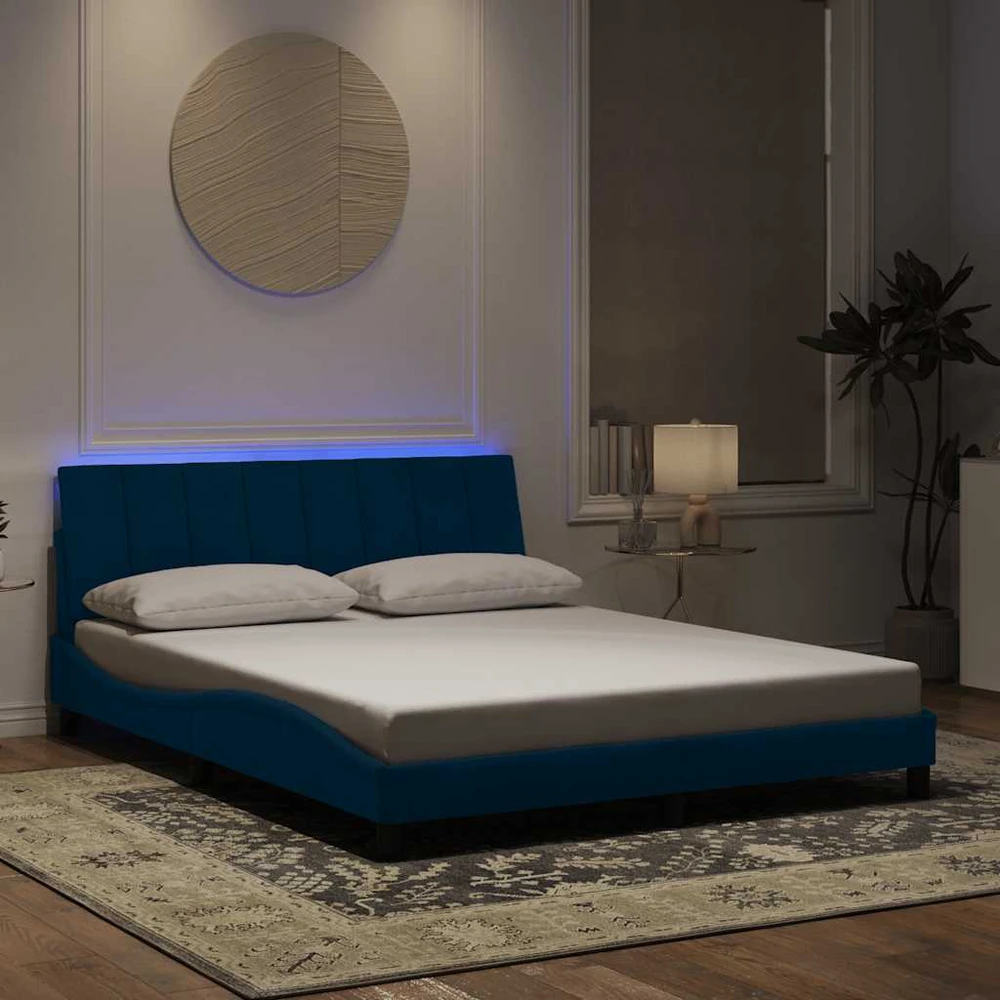 Lovos rėmas su LED, mėlynos spalvos, 160x200cm, aksomas