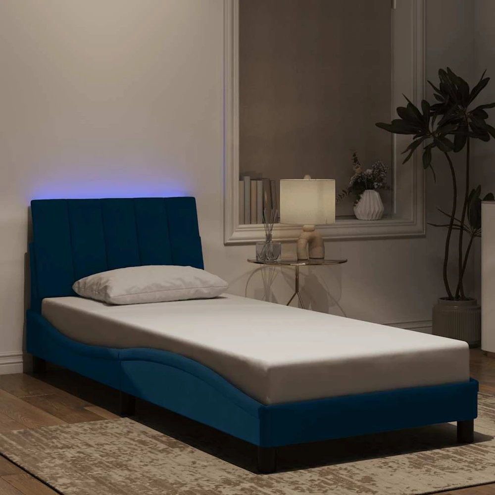 Lovos rėmas su LED, mėlynos spalvos, 90x200cm, aksomas