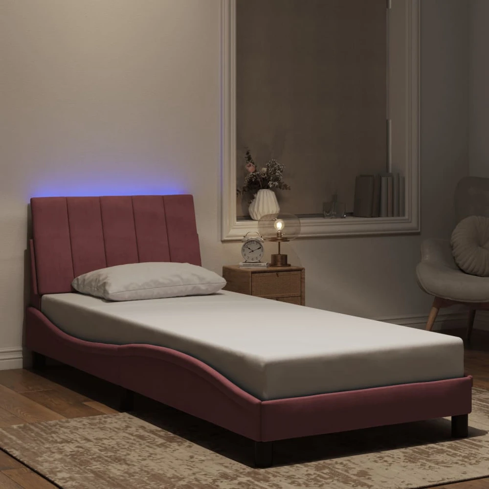 Lovos rėmas su LED, rožinės spalvos, 90x190cm, aksomas