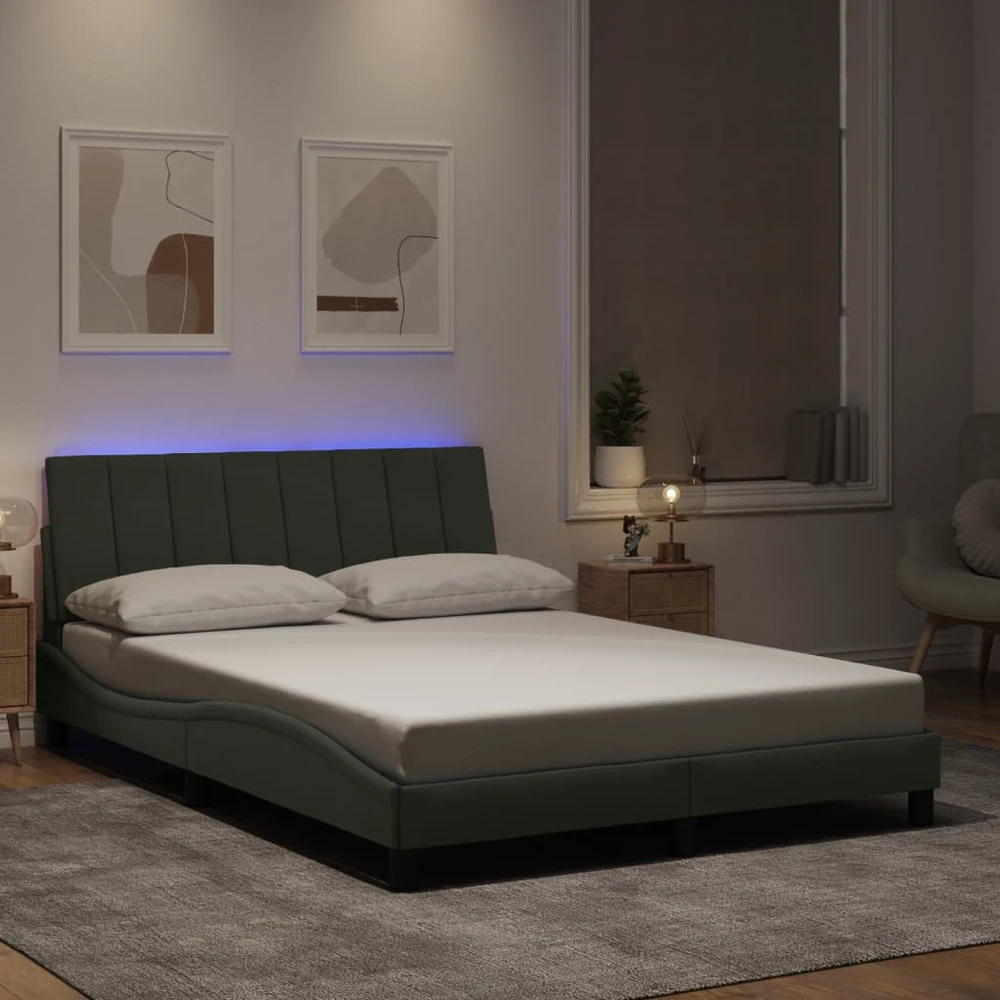 Lovos rėmas su LED, šviesiai pilkas, 140x190cm, aksomas