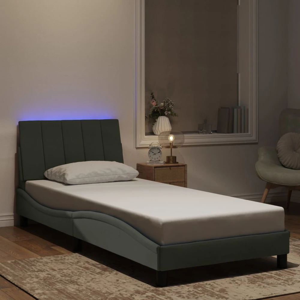 Lovos rėmas su LED, šviesiai pilkas, 90x190cm, aksomas