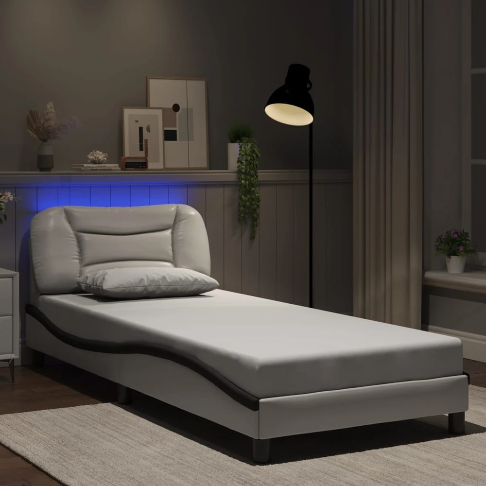 Lovos rėmas su LED, baltas ir juodas, 90x190cm, dirbtinė oda