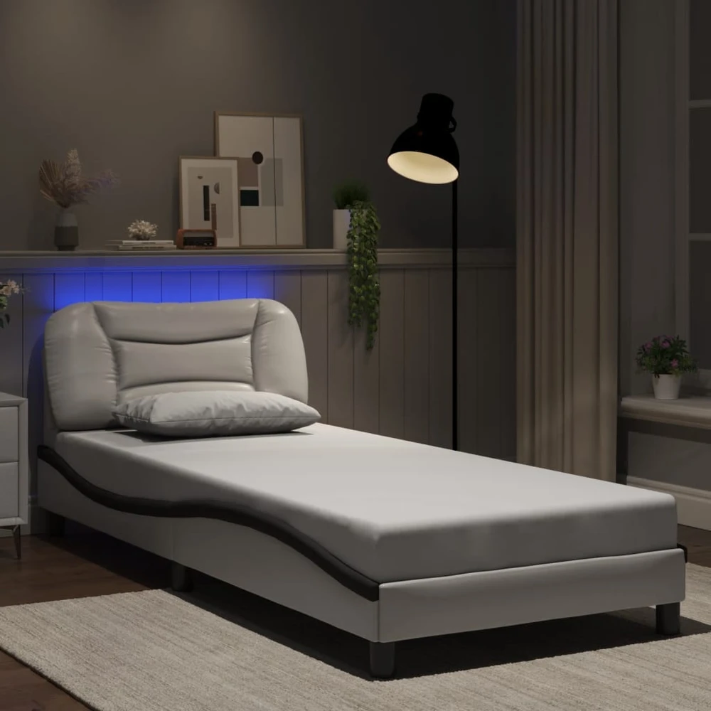 Lovos rėmas su LED, baltas ir juodas, 80x200cm, dirbtinė oda