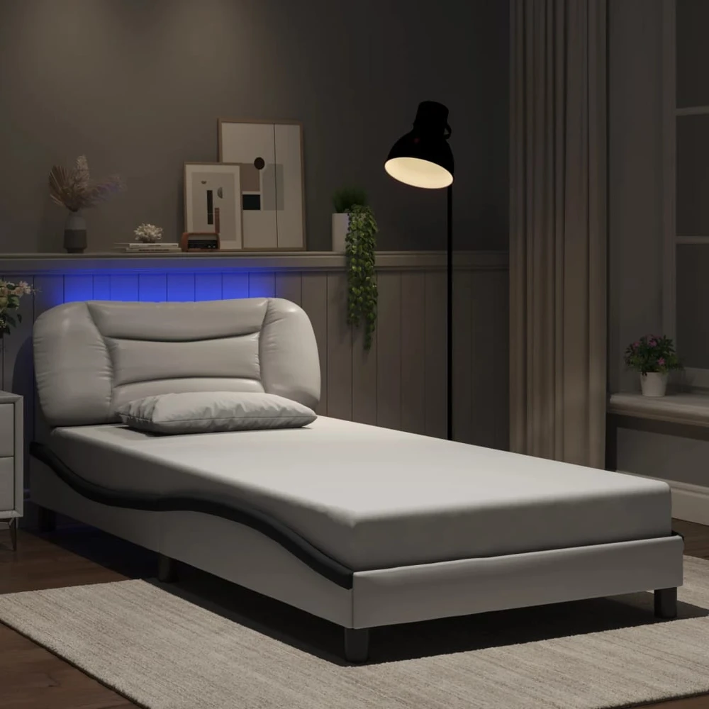 Lovos rėmas su LED, baltas ir juodas, 100x200cm, dirbtinė oda