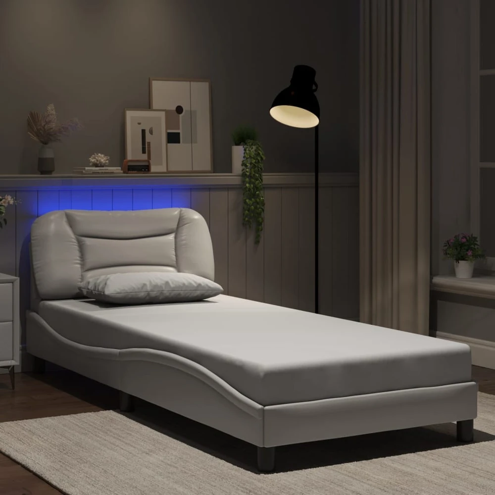 Lovos rėmas su LED, baltos spalvos, 90x190cm, dirbtinė oda