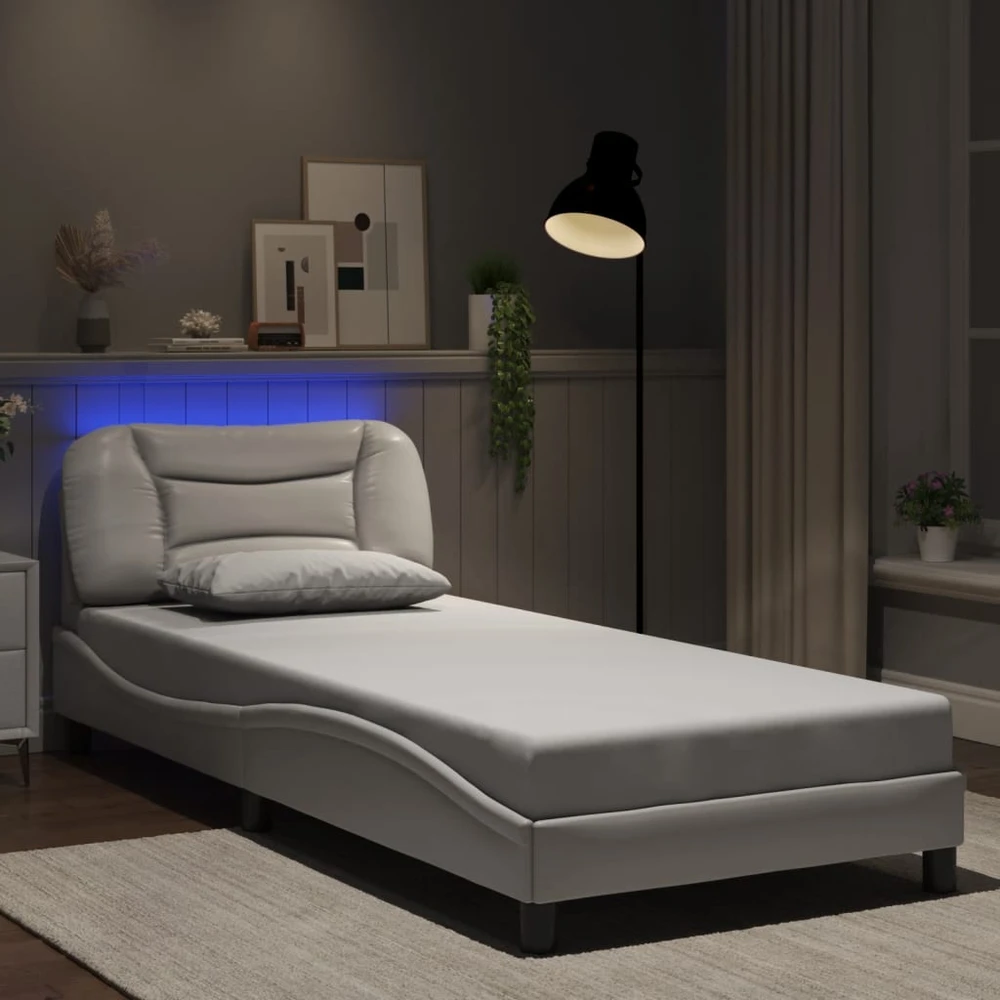 Lovos rėmas su LED, baltos spalvos, 90x200cm, dirbtinė oda