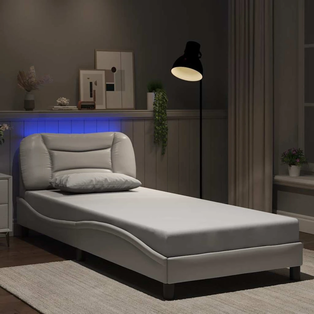 Lovos rėmas su LED, baltos spalvos, 80x200cm, dirbtinė oda