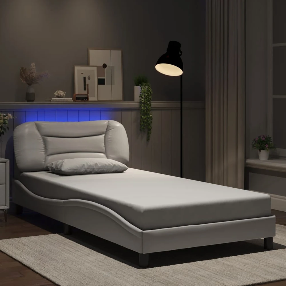 Lovos rėmas su LED, baltos spalvos, 100x200cm, dirbtinė oda