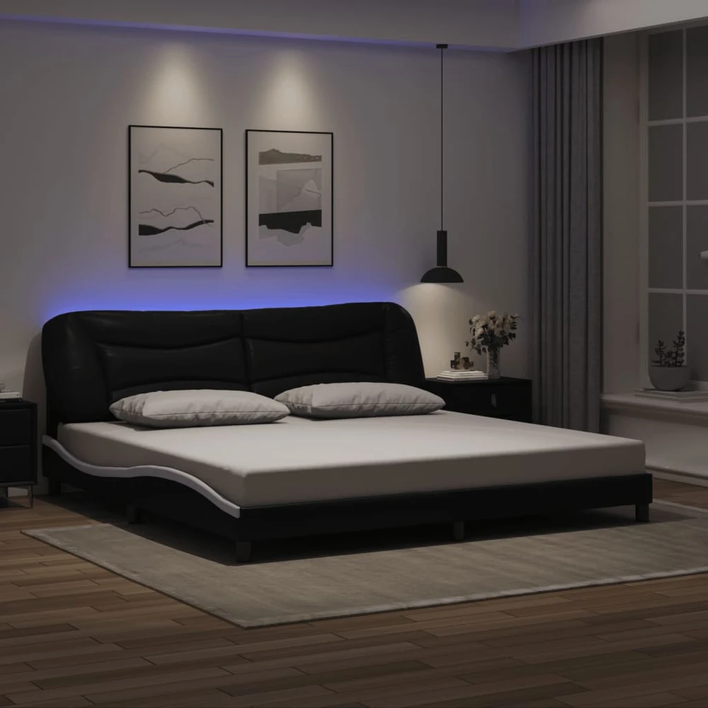 Lovos rėmas su LED, juodas ir baltas, 200x200cm, dirbtinė oda