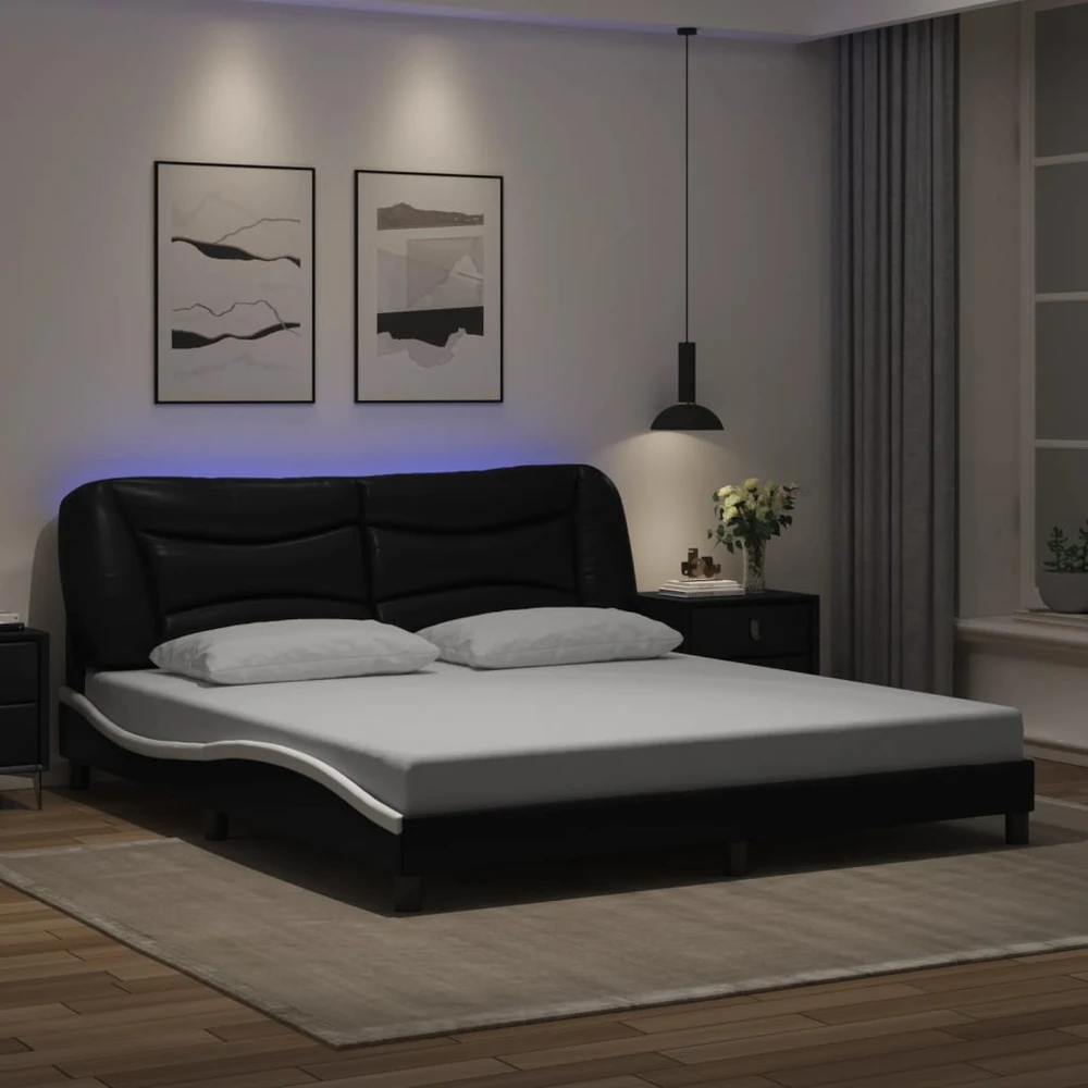 Lovos rėmas su LED, juodas ir baltas, 180x200cm, dirbtinė oda