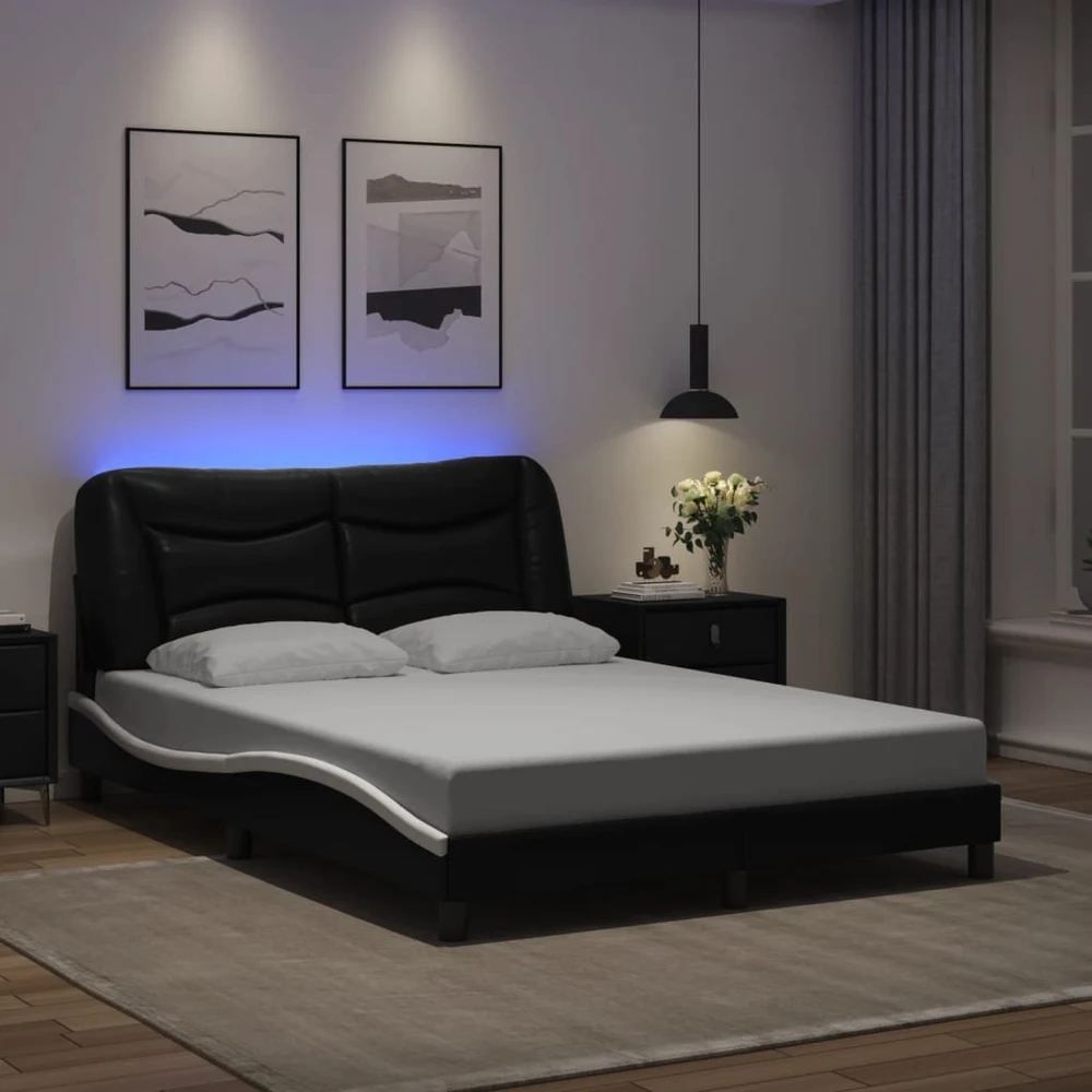 Lovos rėmas su LED, juodas ir baltas, 140x200cm, dirbtinė oda