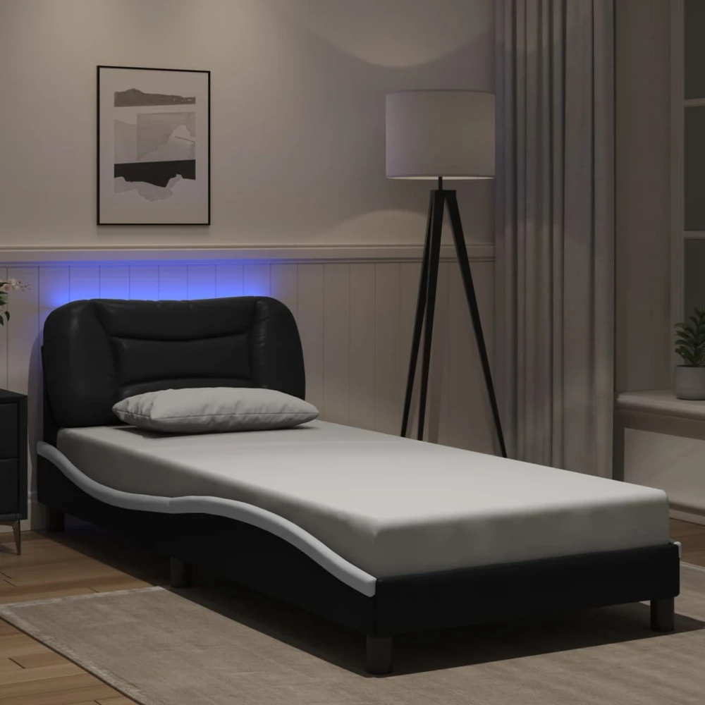 Lovos rėmas su LED, juodas ir baltas, 90x200cm, dirbtinė oda
