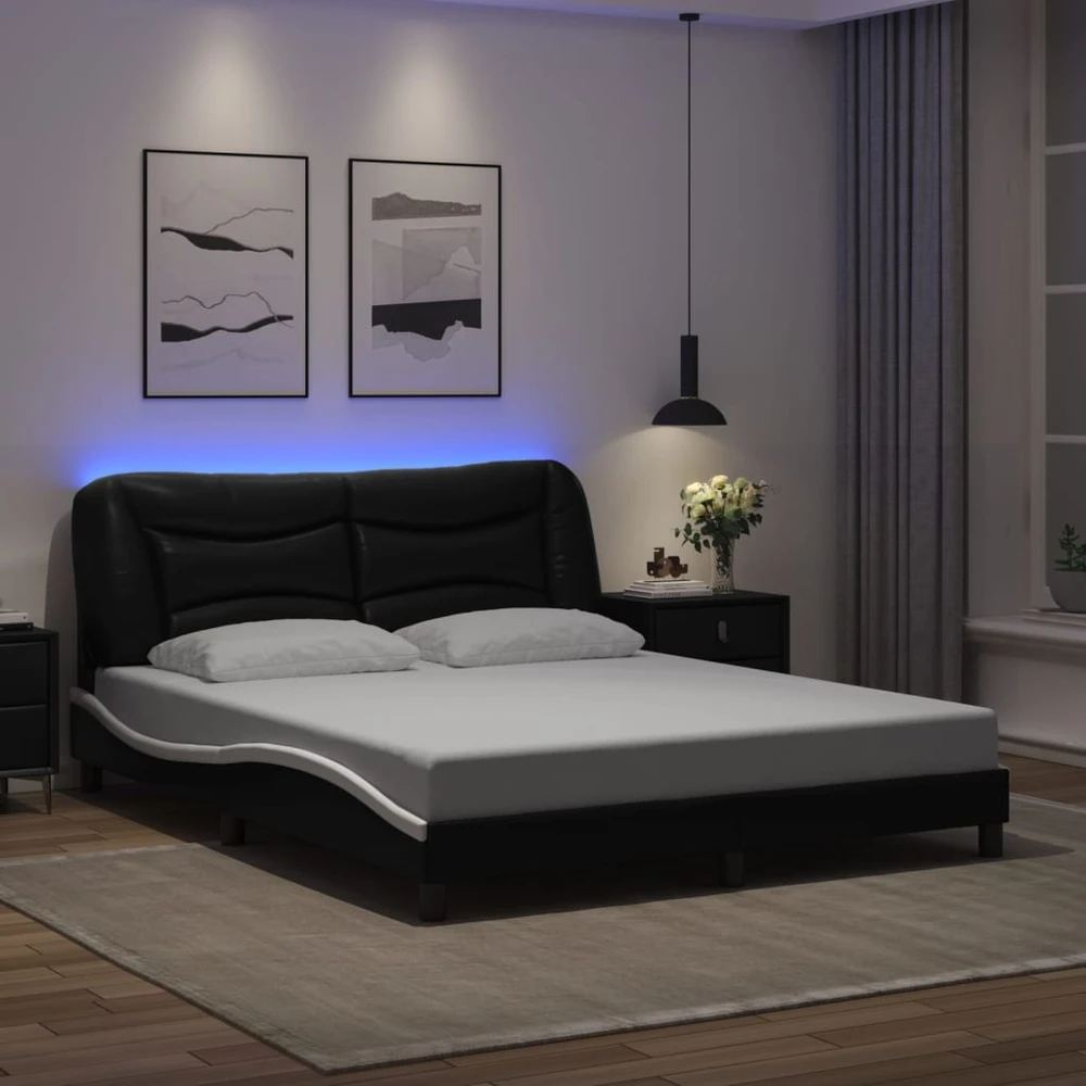 Lovos rėmas su LED, juodas ir baltas, 160x200cm, dirbtinė oda