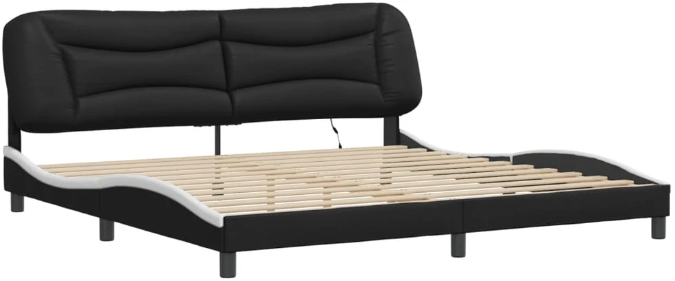 Lovos rėmas su LED, juodas ir baltas, 200x200cm, dirbtinė oda
