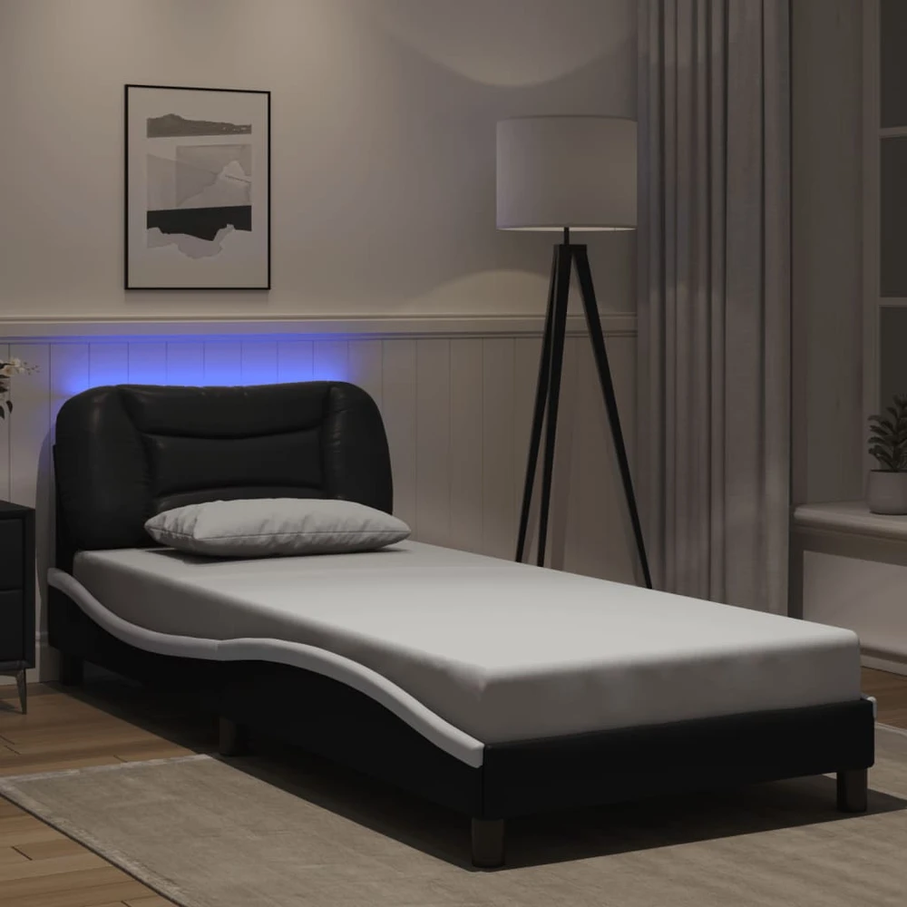 Lovos rėmas su LED, juodas ir baltas, 90x190cm, dirbtinė oda