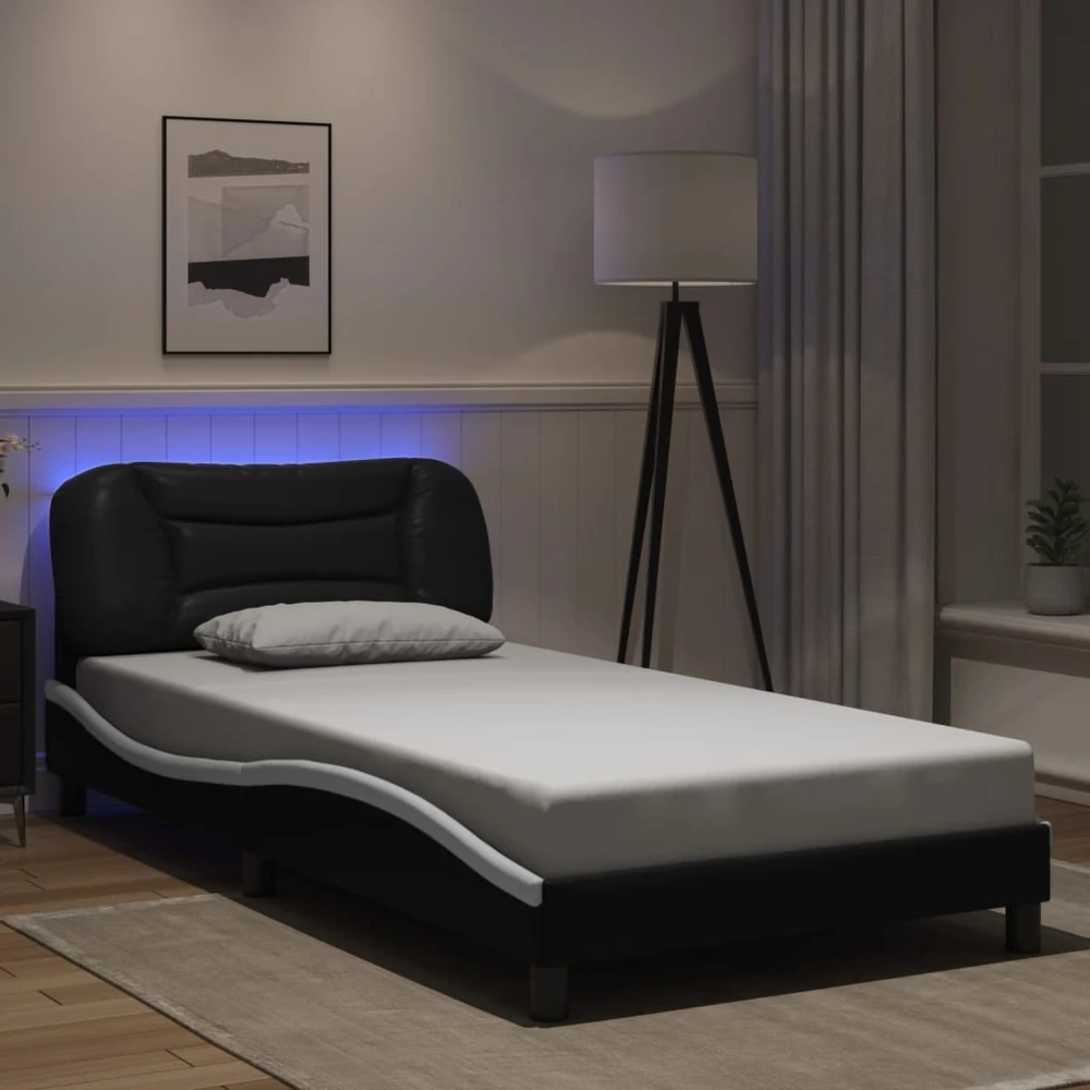 Lovos rėmas su LED, juodas ir baltas, 100x200cm, dirbtinė oda