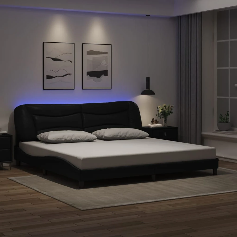 Lovos rėmas su LED, juodos spalvos, 200x200cm, dirbtinė oda
