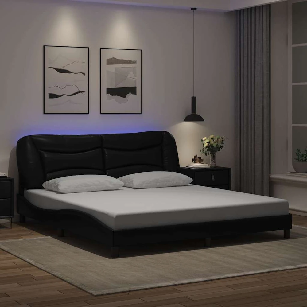 Lovos rėmas su LED, juodos spalvos, 180x200cm, dirbtinė oda