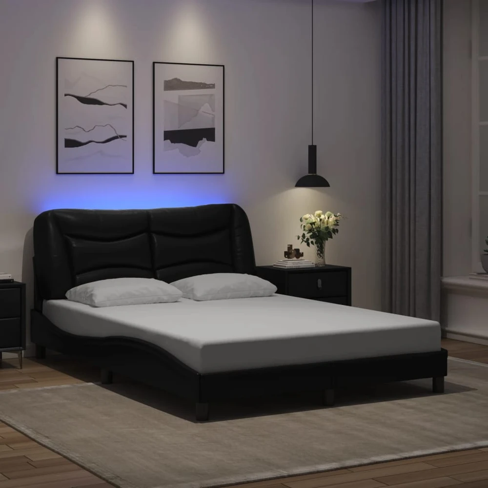 Lovos rėmas su LED, juodos spalvos, 140x190cm, dirbtinė oda