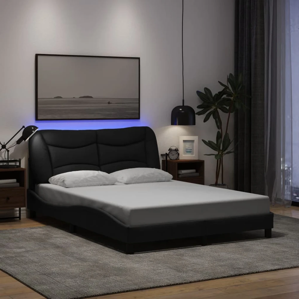 Lovos rėmas su LED, juodos spalvos, 140x190cm, audinys