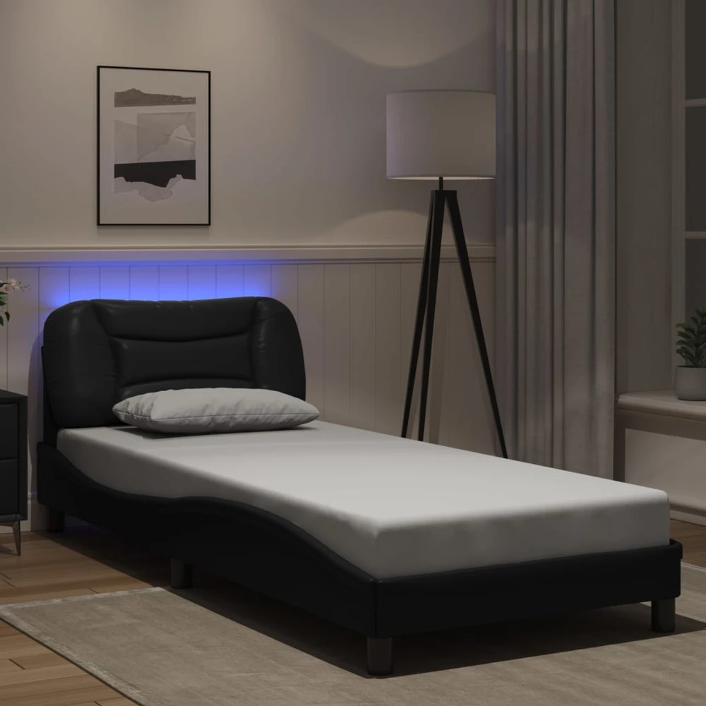 Lovos rėmas su LED, juodos spalvos, 90x190cm, dirbtinė oda