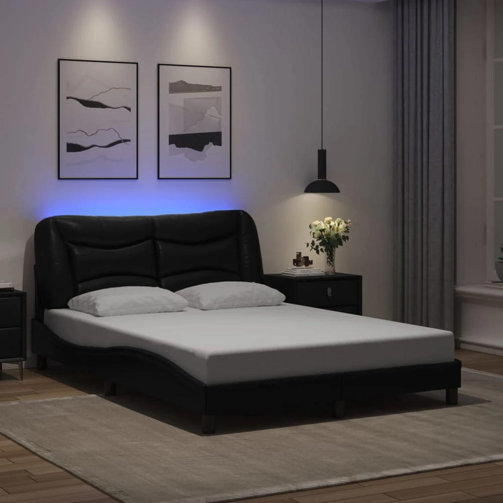 Lovos rėmas su LED, juodos spalvos, 120x200cm, dirbtinė oda