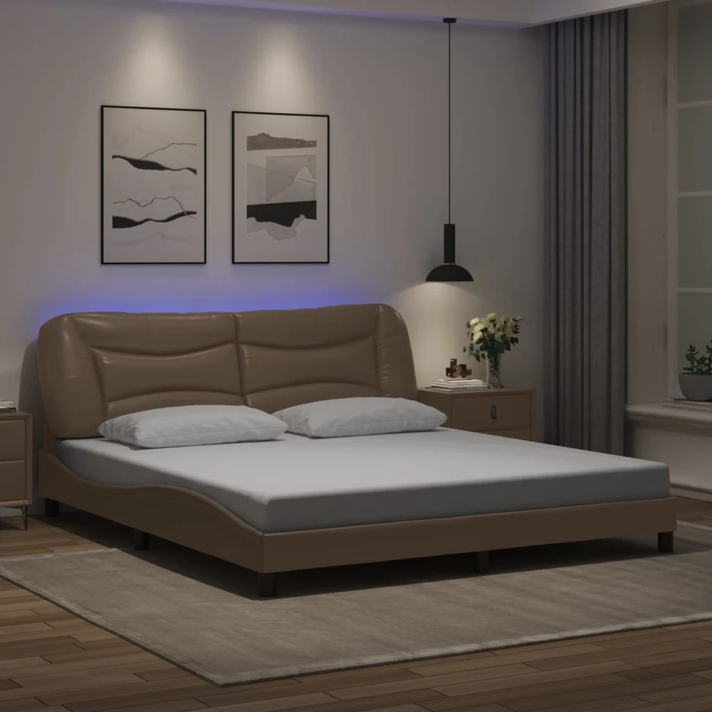 Lovos rėmas su LED, kapučino spalvos, 180x200cm, dirbtinė oda
