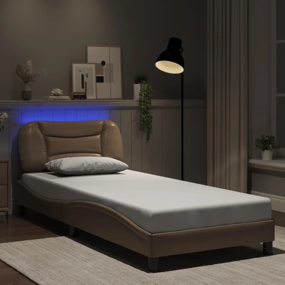 Lovos rėmas su LED, kapučino spalvos, 90x190cm, dirbtinė oda