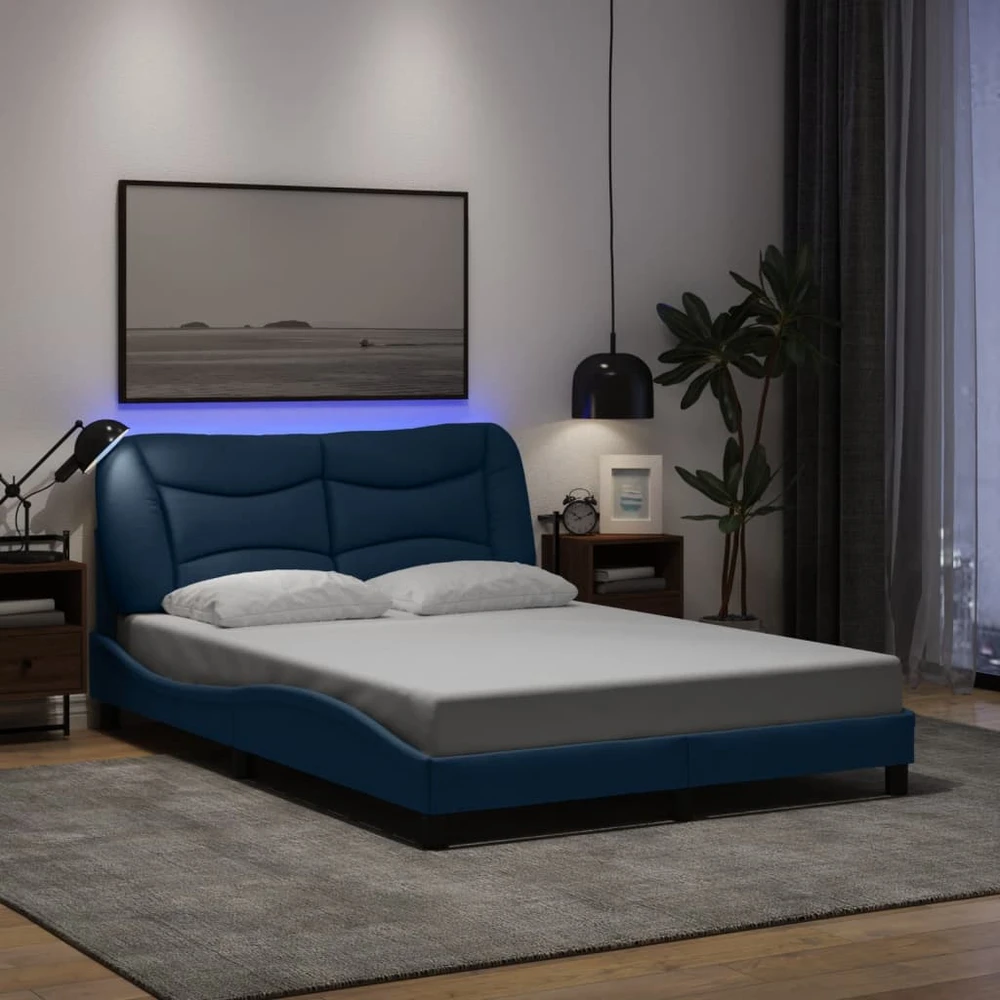 Lovos rėmas su LED, mėlynos spalvos, 140x190cm, audinys