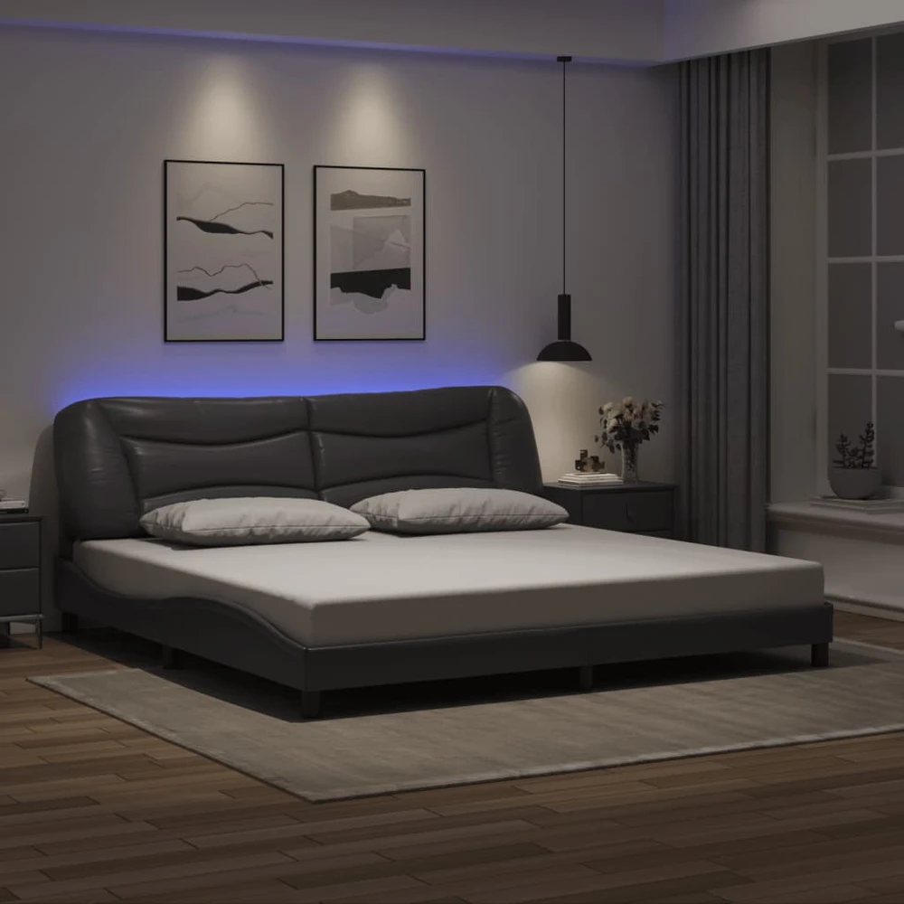 Lovos rėmas su LED, pilkos spalvos, 200x200cm, dirbtinė oda