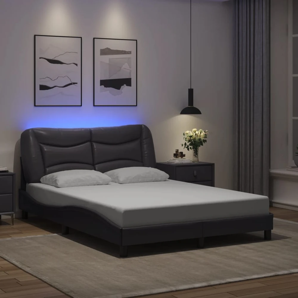 Lovos rėmas su LED, pilkos spalvos, 140x190cm, dirbtinė oda