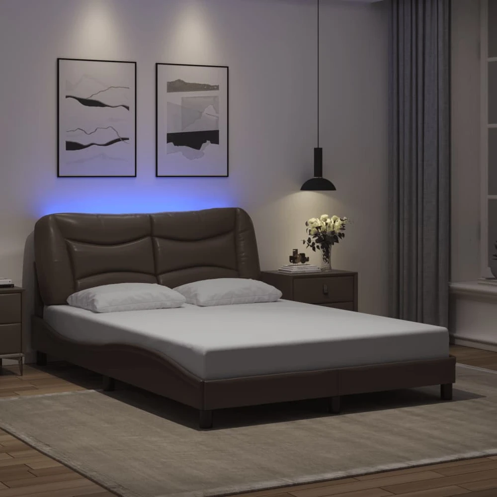 Lovos rėmas su LED, rudos spalvos, 140x190cm, dirbtinė oda