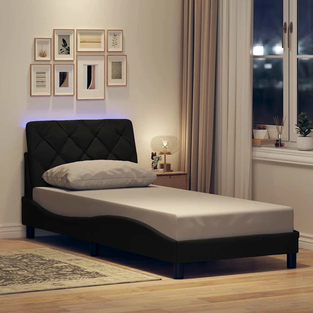 Lovos rėmas su LED be čiužinio, juodas, 90x190 cm, audinys