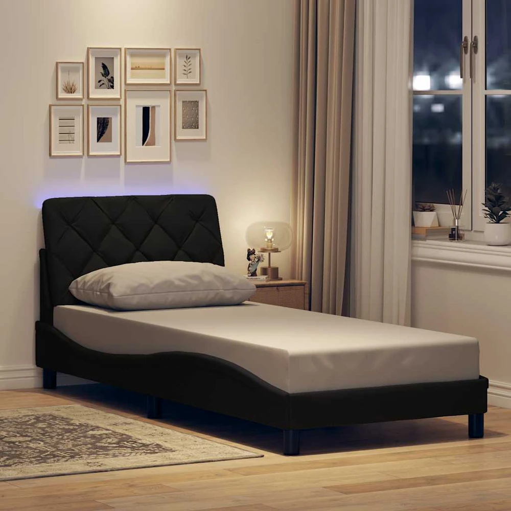 Lovos rėmas su LED be čiužinio, juodas, 90x200 cm, audinys