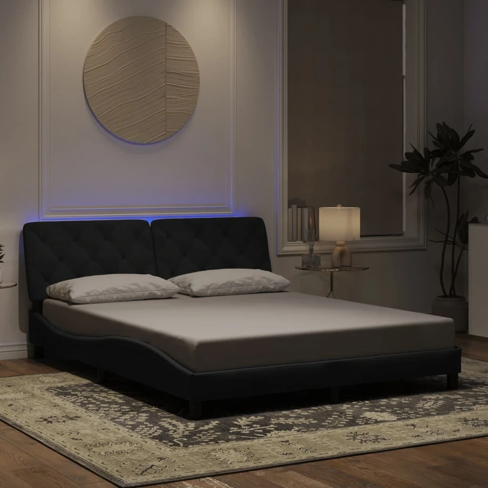 Lovos rėmas su LED, juodos spalvos, 160x200cm, aksomas