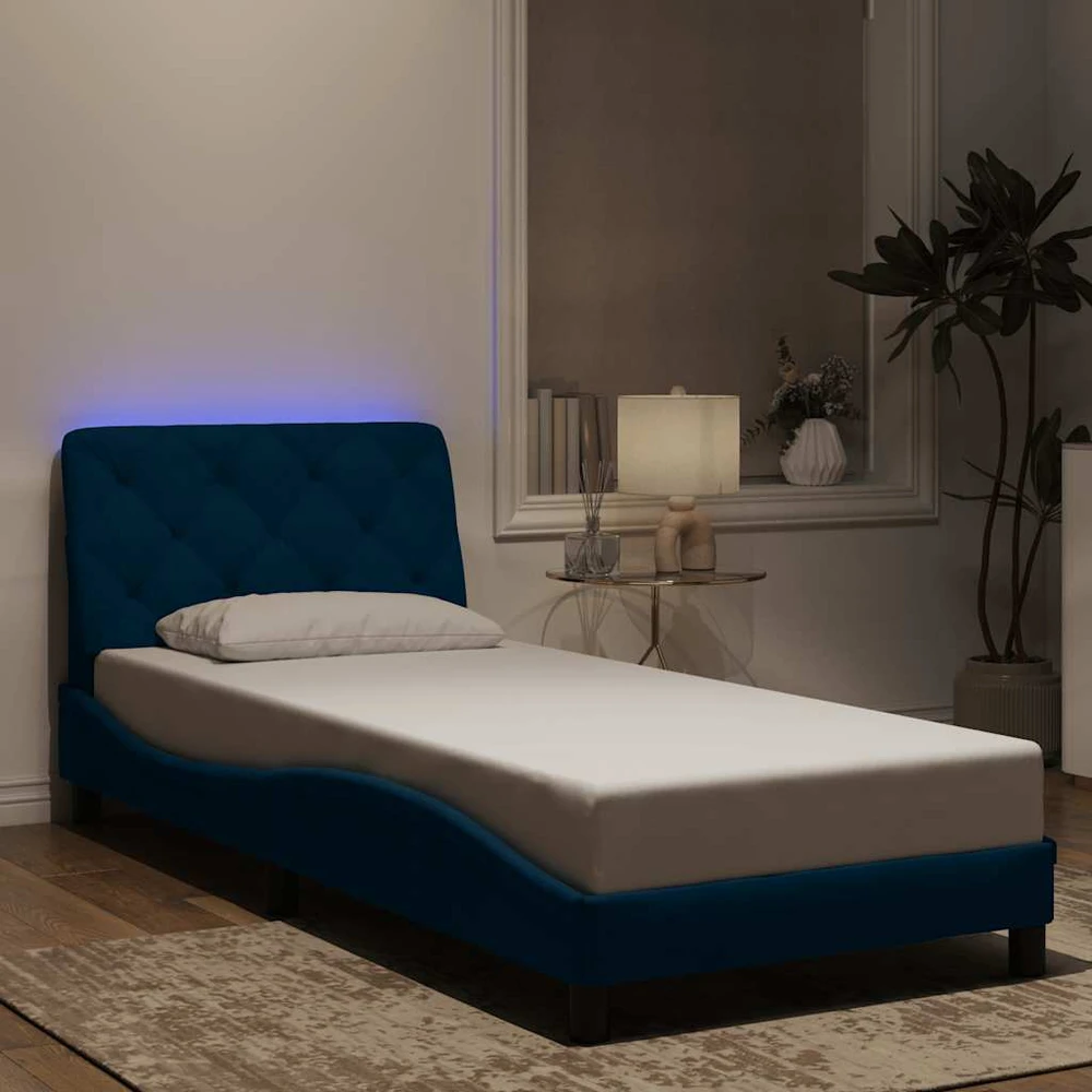 Lovos rėmas su LED, mėlynos spalvos, 90x200cm, aksomas