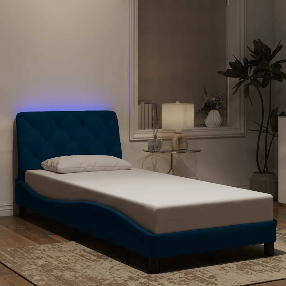 Lovos rėmas su LED, mėlynos spalvos, 90x190cm, aksomas