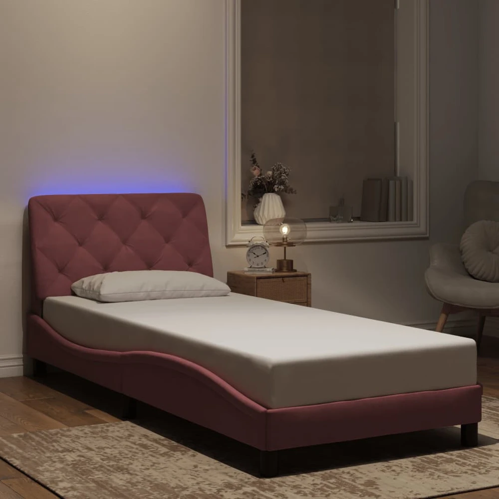 Lovos rėmas su LED, rožinės spalvos, 90x190cm, aksomas